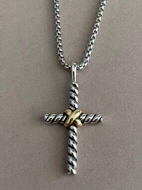 David Yurman Petite X Cross Necklace in Sterling Silver with 14K Yellow Gold